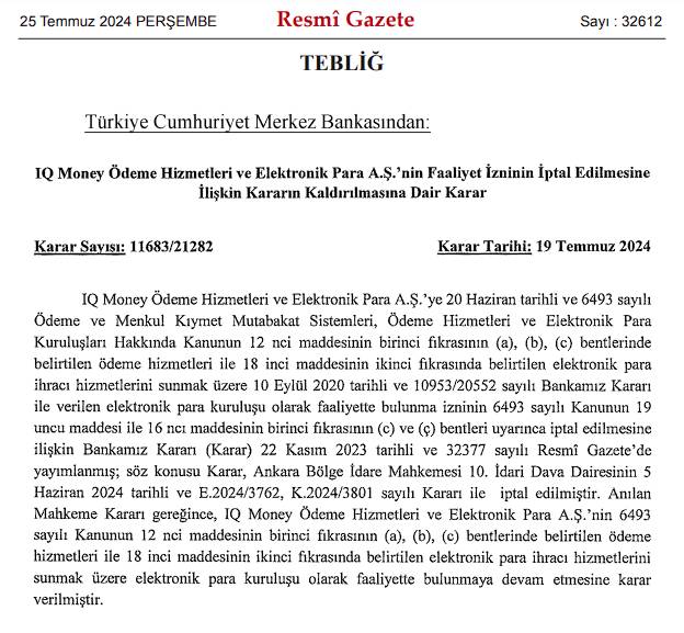Merkez Bankası, IQ Money faaliyet iptal kararını kaldırdı!