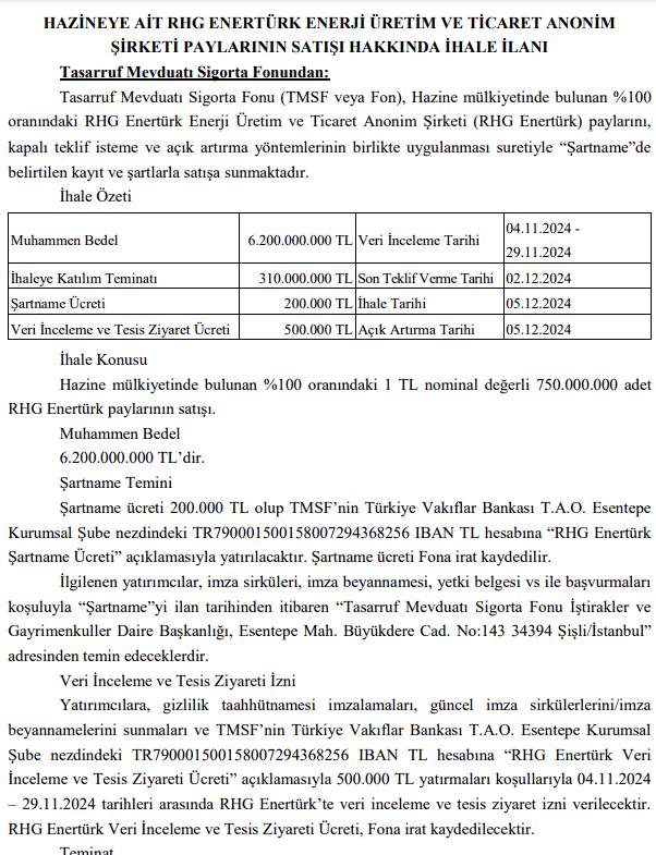 TMSF duyurdu: RHG Enertürk hisseleri satışa çıktı!