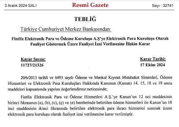 Fintlix Elektronik Para Kuruluşu faaliyet izni aldı