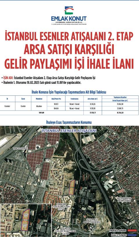 Borsanın dev gayrimenkul şirketi Emlak Konut GYO (EKGYO) Esenler'de 2. Etap İhale ilanı çıktı