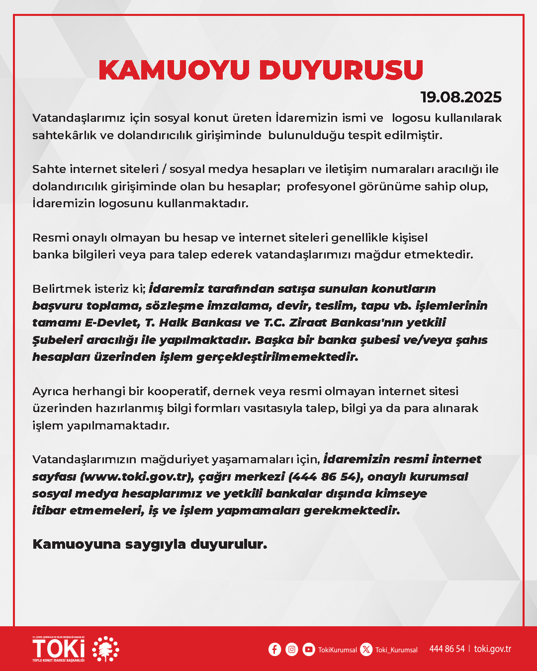 TOKİ'den vatandaşa dolandırıcılık uyarısı