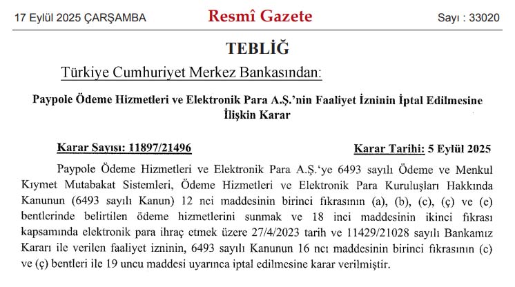 Paypole Ödeme faaliyet izni iptal edildi