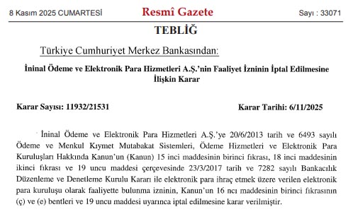 İninal, Pay Fix ve Aypara faaliyet izinleri iptal edildi