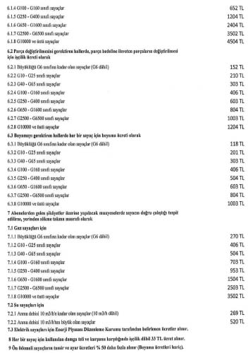 2026 su, elektrik ve gaz sayaçları tamir ve ayar ücretleri