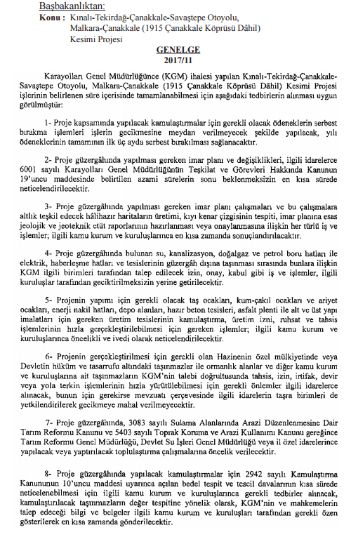 1915 Çanakkale Köprüsü ve bağlantı yolları için hızlandırma genelgesi Resmi Gazete'de