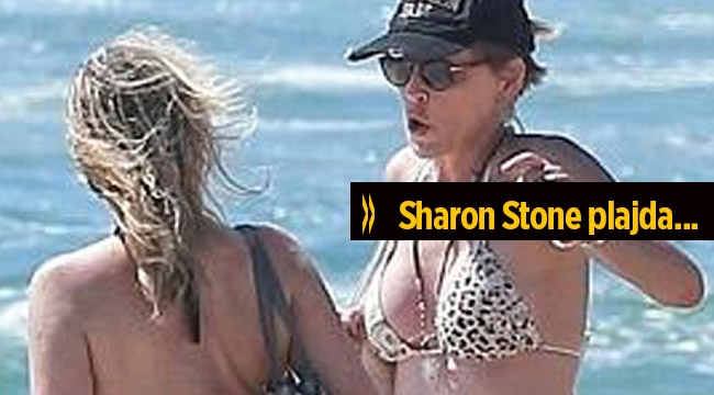 58'lik Sharon Stone bikiniyle plaj keyfinde