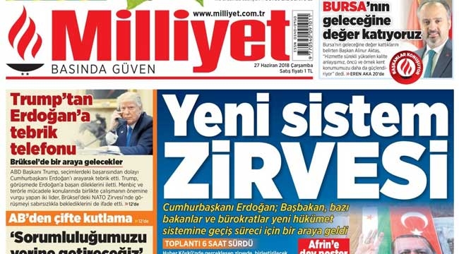 Milliyet gazetesi manşetleri 27 Haziran Milliyet oku
