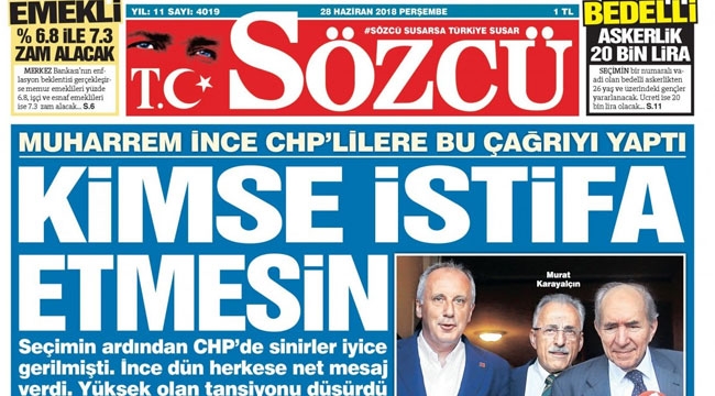 Sözcü gazetesi manşetleri 28 Haziran Sözcü oku