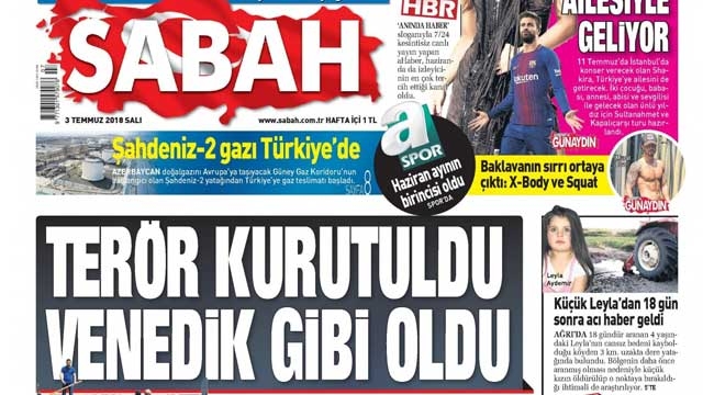 Sabah gazetesi 1. sayfa manşetleri 3 Temmuz Sabah gazeteler