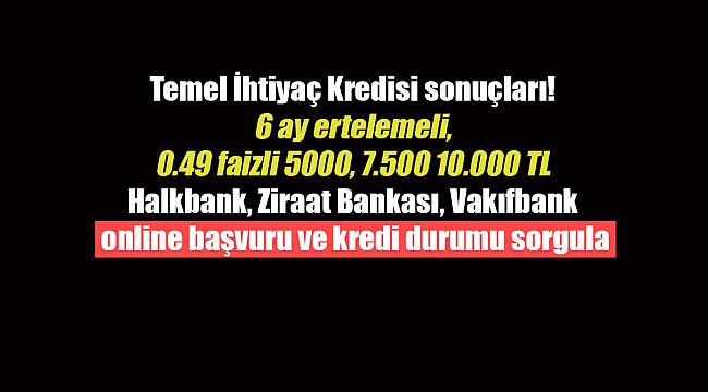 Temel İhtiyaç Kredisi sonuçları! 6 ay ertelemeli, 0.49 faizli 5000, 7.500 10.000 TL Halkbank, Ziraat Bankası, Vakıfbank online başvuru ve kredi durumu sorgula