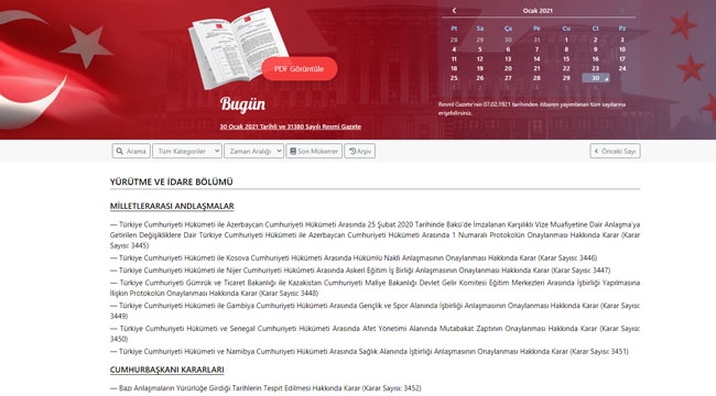 Resmi Gazete 30 Ocak 2021 Cumartesi sayı 31380