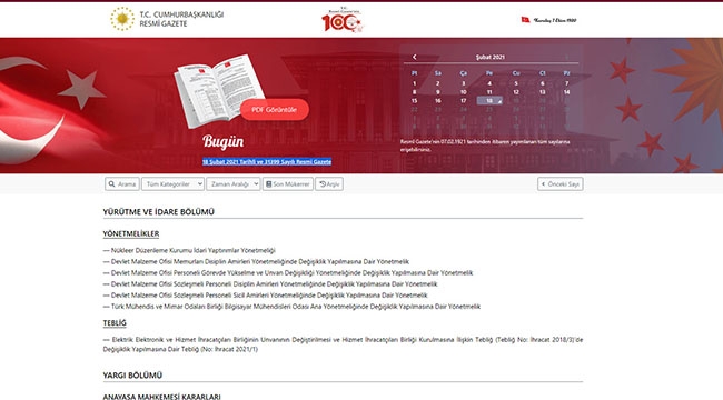 Resmi Gazete 18 Şubat 2021 Perşembe