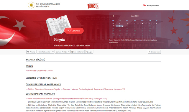 Resmi Gazete 8 Mart 2022 yönetmelik, karar ve kanunlar
