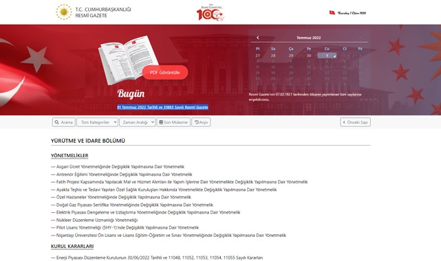 Resmi Gazete (1 Temmuz 2022) bugün yayımlanan sayısında hangi yönetmelikler var?