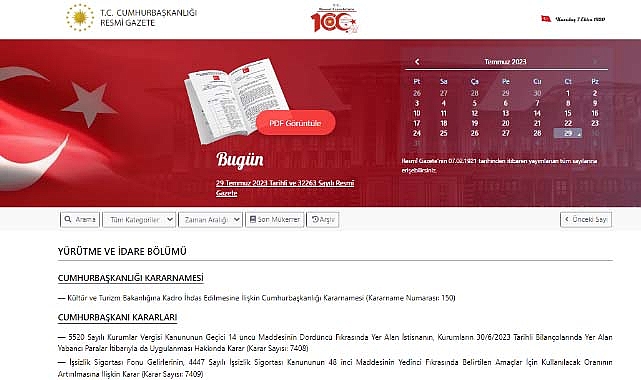 Resmi Gazete 29 Temmuz 2023 yönetmelik ve kararları